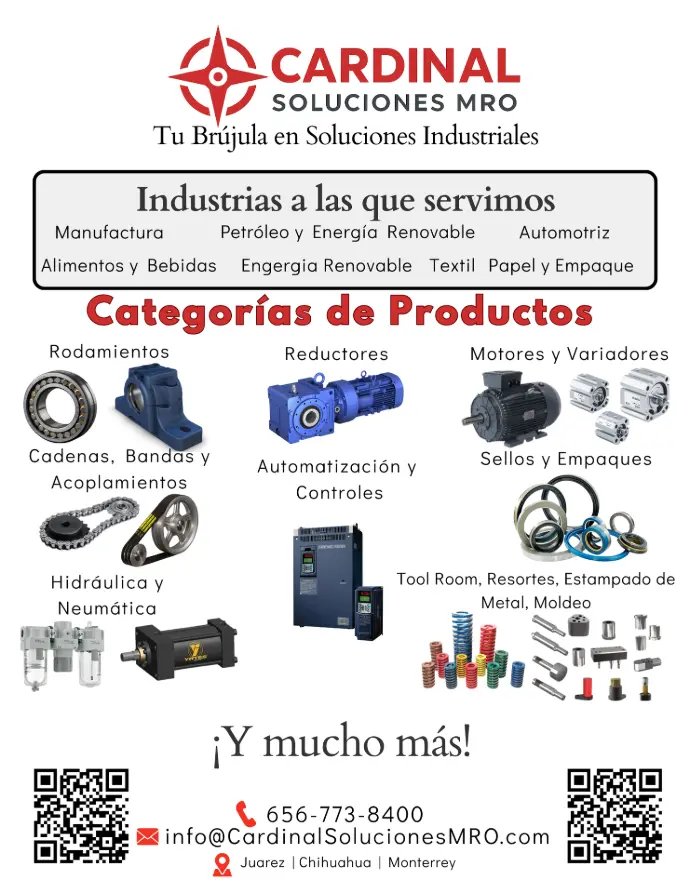 Folleto de Cardinal Soluciones MRO con categorías de productos industriales como rodamientos, reductores, motores, sellos, hidráulica, automatización y controles, dirigido a industrias de manufactura, energía, alimentos y automotriz.